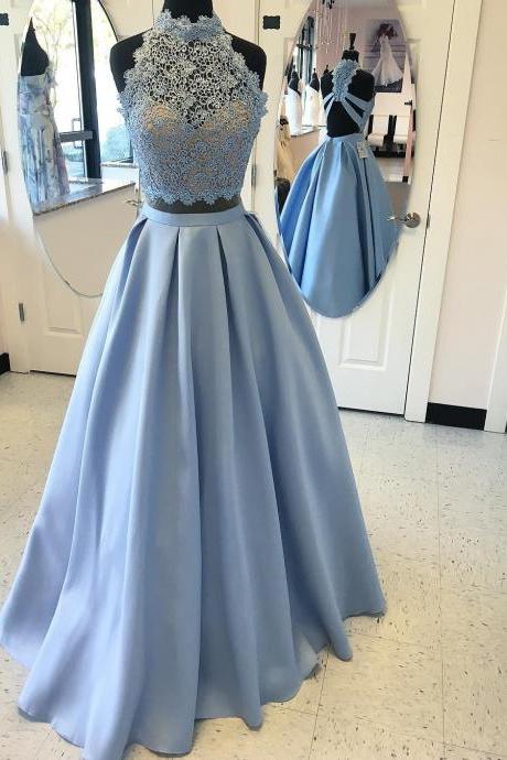 Two Piece Sky Blue Prom Dress, 2018 Two Piece Sky Blue Long Prom Dress 2018