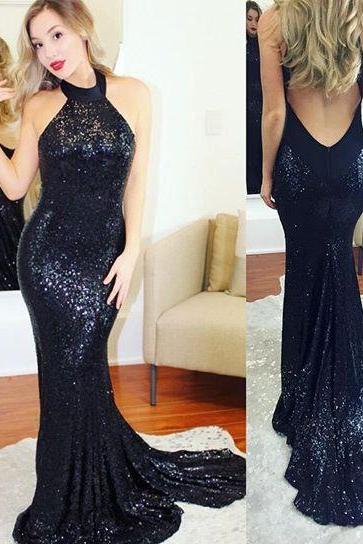 2018 Halter Black Sequin Prom Dress with Open Back