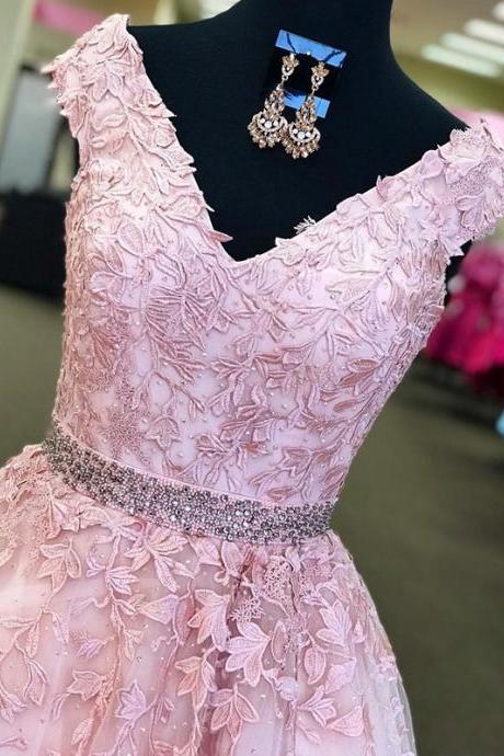 Pink A-Line/Princess V-Neck Sleeveless Floor-Length Applique Tulle Dresses 2018