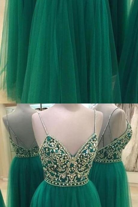 Green Beaded Prom Dress,Backless Tulle Prom Dress,Custom Made Evening Dress,17286