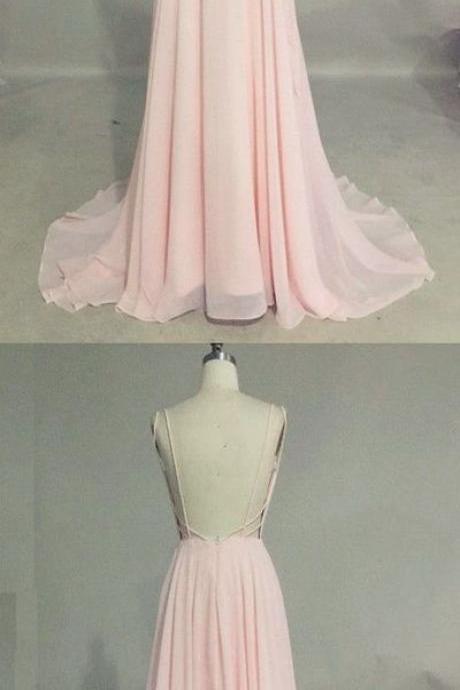 Pink Chiffon Prom Dress,Backless Spaghetti Prom Dress,Custom Made Evening Dress