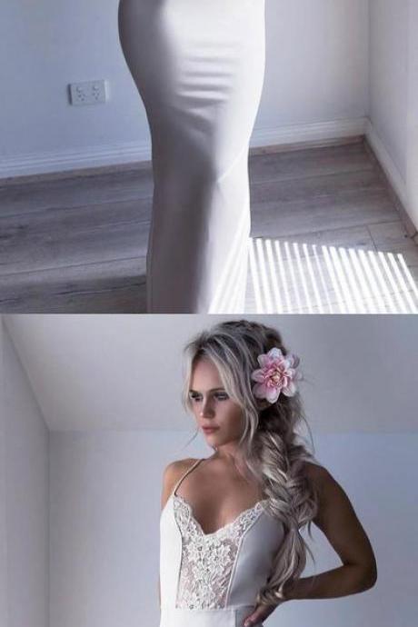 Sexy Spaghetti Straps Prom Dress, White Halter Party Dress, Mermaid Long Evening Dress 17110