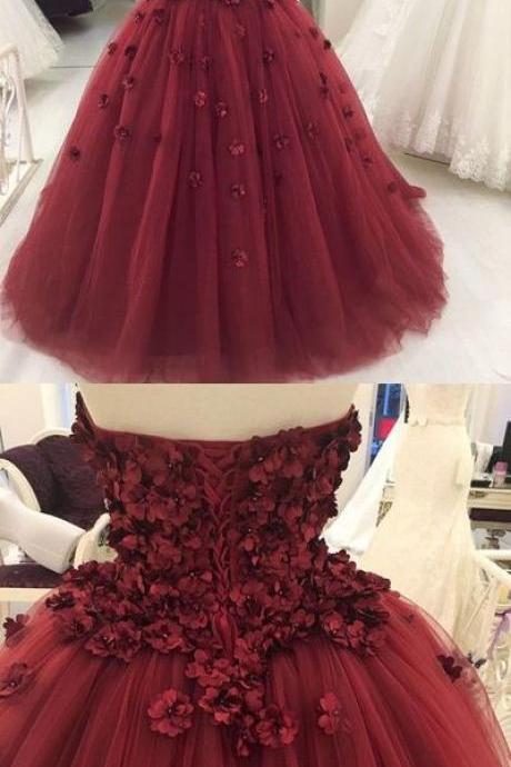 maroon quinceanera dress, burgundy strapless prom dress, flower ball gowns