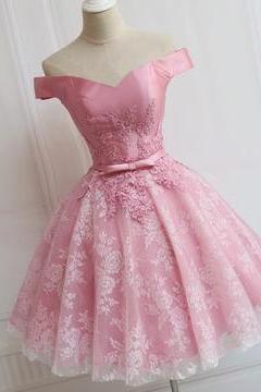Elegant Pink Lace Appliques Satin Off The Shoulder Homecoming Dress Short Prom Dress