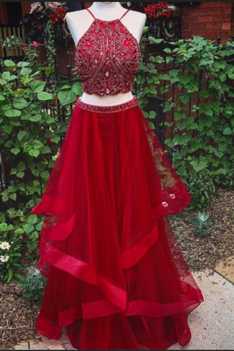 Red 2 pieces long prom dress,evening dresses