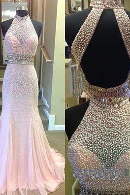Gorgeous Beaded Prom Dress,High Quality Prom Dress,Prom Dress 2016,Senior Prom Dress,Graduation Dress For Teens,Pink Chiffon Prom Gowns,High Neck Halter Pearl Beaded Evening Dress,Formal Dress