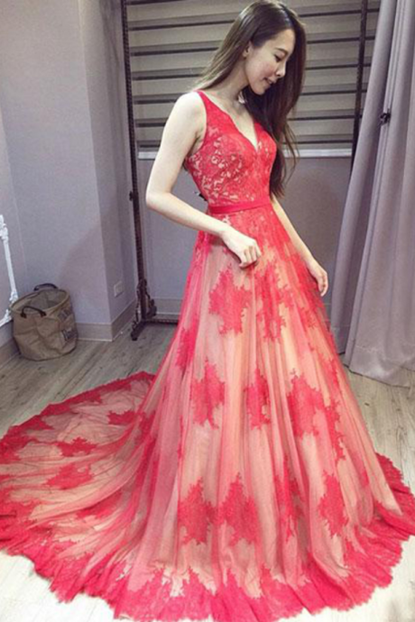 Stunning A-Line V-Neck Sleeveless Red Lace Long Prom/Evening Dress