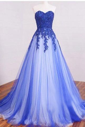 Long Sweetheart Lace Royal Blue Prom Dresses,Lace Up High Low Elegant Prom Dress,Modest Prom Gowns