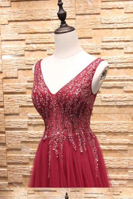 Red Lace Appliqués Plunge V Sleeveless Floor Length Tulle A-Line Formal Dress, Prom Dress