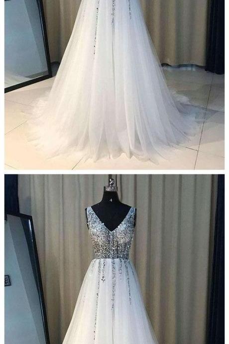V Neck White Wedding Dress with Beadings, A-line Long Wedding Dresses,Long Evening dresses