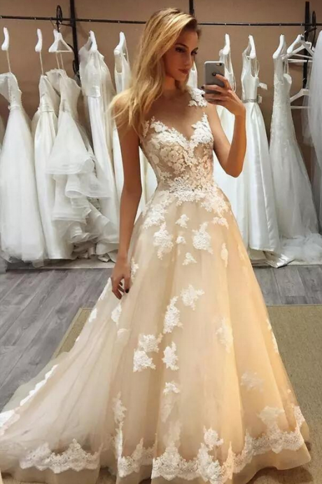Champagne Lace Applique Prom Dress, Sheer Neck Sleeveless Sweep Train Prom Dress,Illusion A Line Dresses ,Evening Wear Champagne Applique Prom Dresses, Custom Made Fashion Prom Dresses