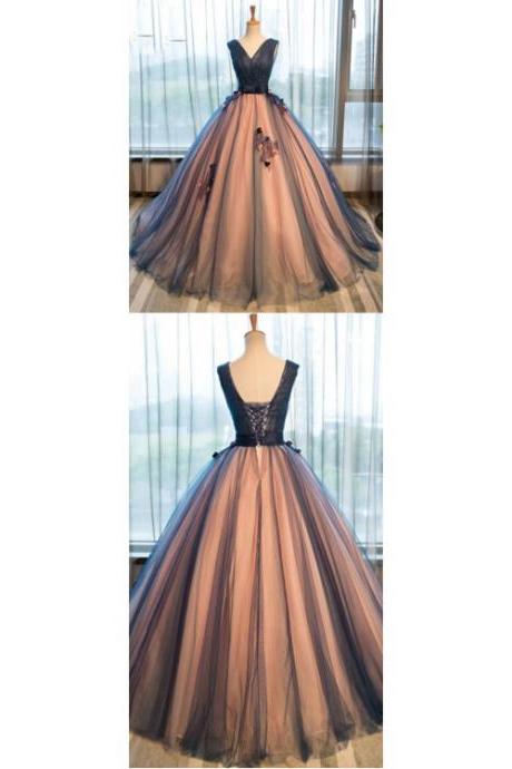 Gown Prom Dresses, Brown Ball Gown Evening Dresses, Gown Long Evening Dresses, Pretty tulle v-neck applique A-line long evening dresses ,ball gown prom dress