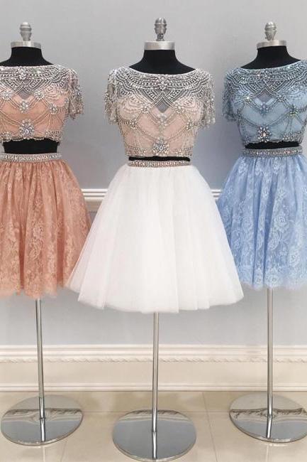 CUTE TWO PIECES TULLE BEADS SHORT PROM DRESS, HOMECOMING DRESS