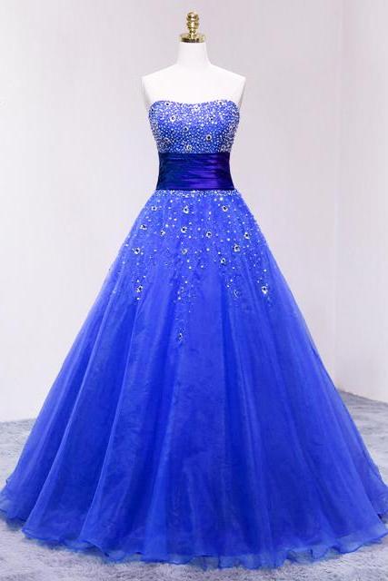 Blue Strapless Organza Long Prom Dress With Sweetheart Neckline