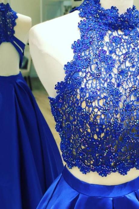 Royal Blue Graduation Dress,Sexy Two Piece Open Back Prom Gown