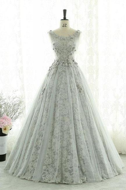Gray lace tulle long prom dress, gray evening dress 