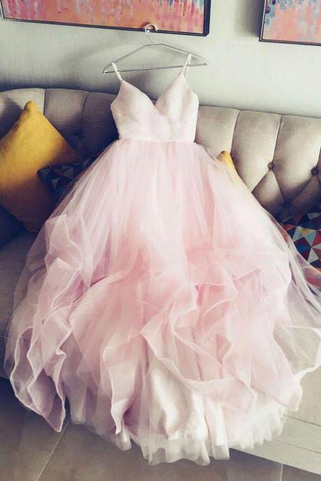 Pink Wedding Dresses,Floor Length Tulle Wedding Dresses,Straps V neck Pink Wedding Dresses with Pleats