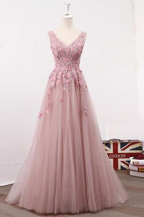 Elegant A-Line V-Neck Sleeveless Pink Tulle Long Prom Dress With Appliques