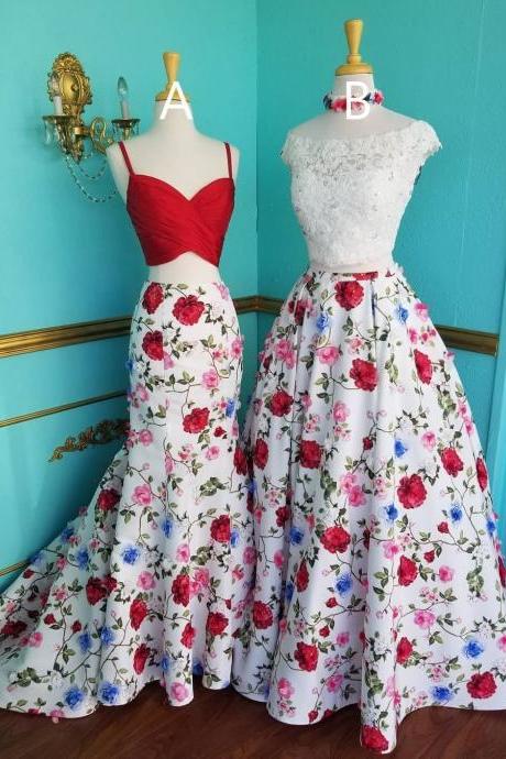 Two Piece Mermaid Floral Printed Prom Dresses Red A Line Lace Top Evening Ball Gowns