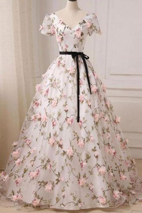 Short Sleeve V-Neck Floral Pink Appliqued Prom Dresses Evening Ball Gowns with Sash 