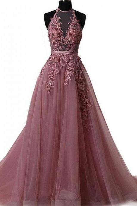 A-line Halter Lace Appliqued Formal Evening Gowns See-through Long Prom Dresses 