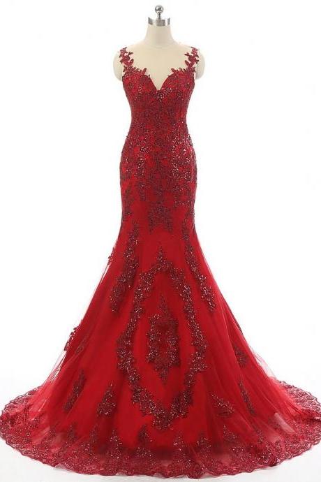 Red Tulle Lace Rhinestone Luxury Real Made Long Prom Dresses