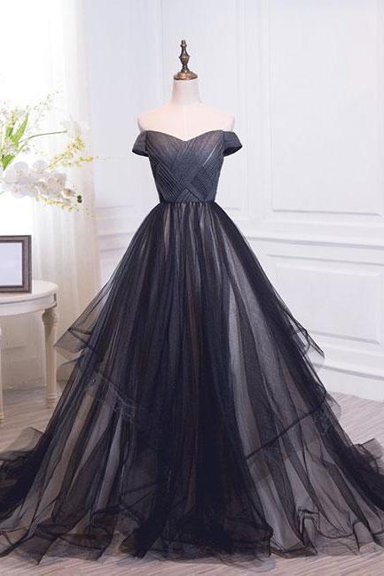 Simple black sweetheart tulle long prom dress, black evening dress
