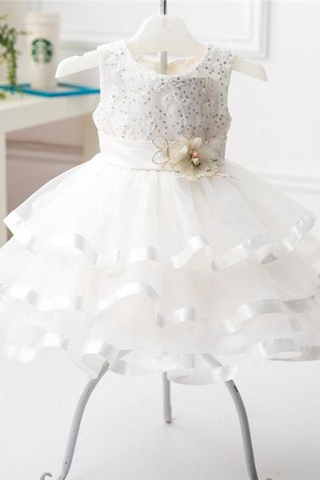 High Quality 2016 New Elegant white squine cake flower girl dress for wedding child princess pagent dresses cotton cloth 