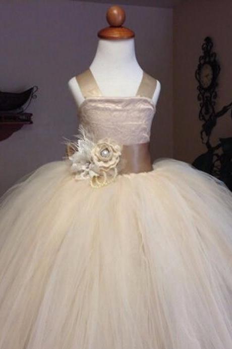 2016 vintage lace rustic champagne color spaghetti straps fluffy tulle ball gown flower girl dresses for weddings evening party