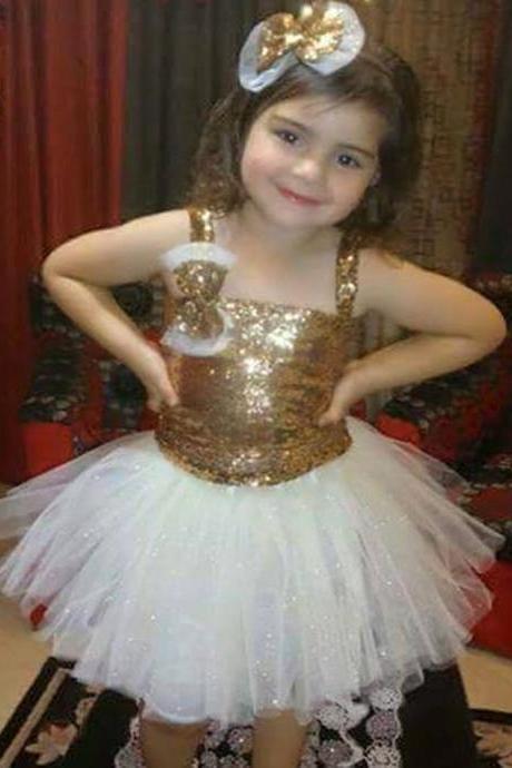 Bow Crystal Spaghetti Straps Mini Tulle Gold And White Girls Ball Gown Prom Dress Children Flower Girl Dress