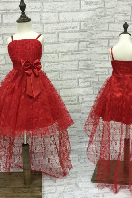 Red Lace Flower girl dress 2016 new hot sale girl party dress with long train girls pageant dresses wholesale 