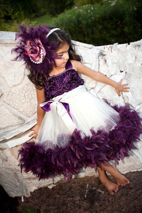 Purple Feather TuTu Dress / Lavender Tutu Dress With Flowers little girls pageant dresses Kid Toddler Communion Dress For Wedding Party