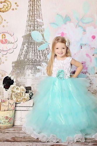 Adorable tulle ball gowns lace appliques Sleeveless Mint Rosette Tutu Dress Flower Girl Wedding Hive Tiered Sash