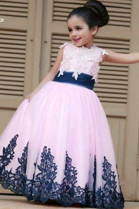Pink tulle lace navy blue flower girl dresses ball gowns Appliqued 2016 pageant dresses first communion dress for girls