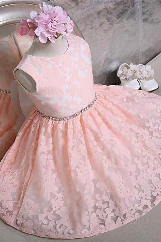 Lovely Pink Beads Flower Girls Dresses Sleeveless Ruffle Organza Cheap Little Girls Dress Custom Made Floor Length Party Dress