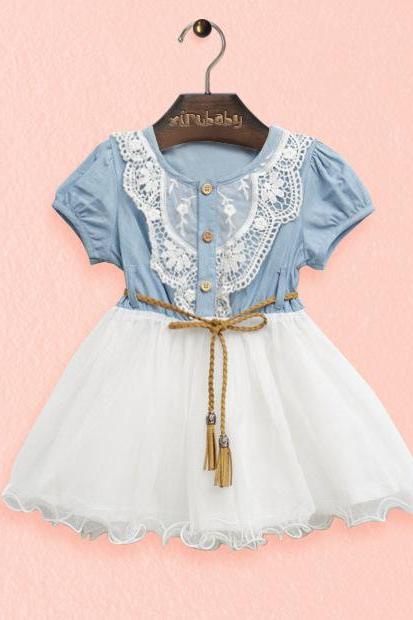 Fashion Denim Dress Girls 2016 New Dress Female Children Of Lace Princess Dress Children Girls F-0007