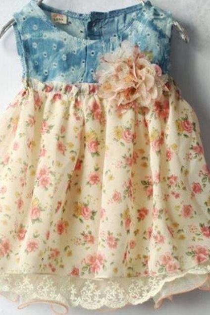 2016 Summer New Girls Denim Vest Skirt Denim Dresses For GirlsMonths-Free Shipping Denim Floral Dresses F-0021