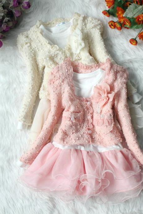 2016 New Models Girls Suit Children Long-sleeved Lace Skirt two Sets Dress Lovely Princess TuTu Veil -Free Shipping F0025