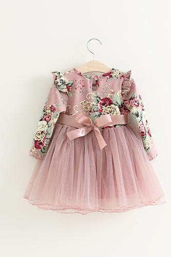 Autumn Children's Clothing Female Children Dress Children Pink Flowers Fly Puff Sleeve Princess Dress Veil F-0037