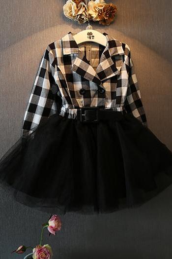 Autumn 2016 Children's Clothing Girls Dress new Double-breasted Belt Decoration Casual Plaid Skirt Veil Stitching F-0042