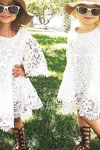 Explosion Models 2016 New Children's Clothing Girls Openwork Crochet Lace Dress F-0044