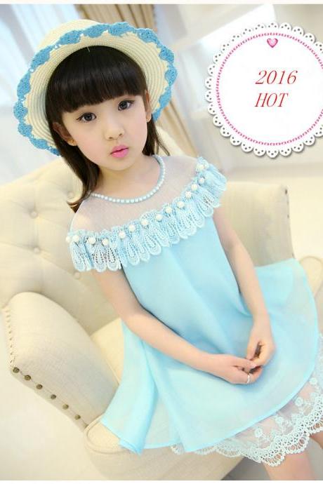 2016 Girls Dresses Summer Children's Princess Skirt Children's Clothing New Mint Lace Chiffon Dress F-0046