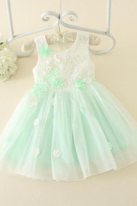 2016 New Summer New Mint Girls Cotton Plaid Skirt Elegant Flowers In Pis Dress F-0061