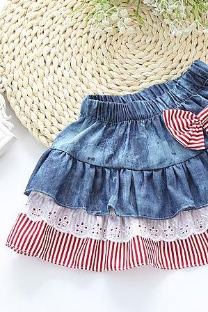 Personalized Children's Jeans Skirt Striped Bow Lace Baby Girl Lace Half-length Group F-0072