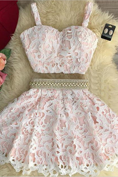 2016 Sexy Two Piece Sweetheart Mini P ink Lace Homecoming dress With Pearls Homecoming dress Prom dress