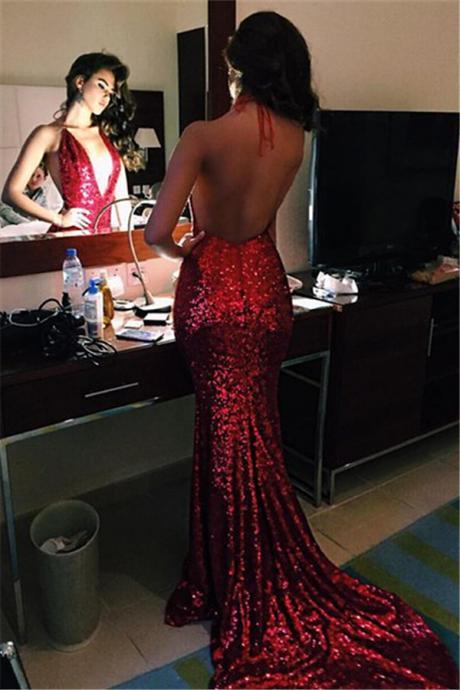 Deep V-neck Red Sequins Prom Dresses Halter Sexy Backless Evening Gowns ,Sexy Formal Dress For Teens