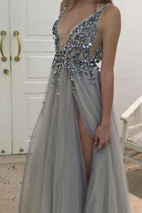 Grey Sparkly Gown, Elegant Evening Dress, Stunning Gray Prom Dress, Sequins Crystals Beaded Prom Dress, Tulle Prom Dress, Charming Prom Dres