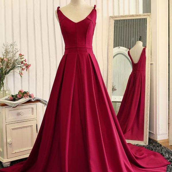 Wine Red V Neck A Line Princess Prom Dress, Open Back Pageant Gown With Sweep Train