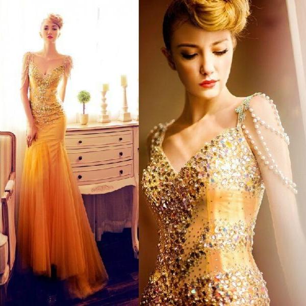 Orange Yellow Mermaid Tulle Prom Dresses Long Beaded Party Dresses