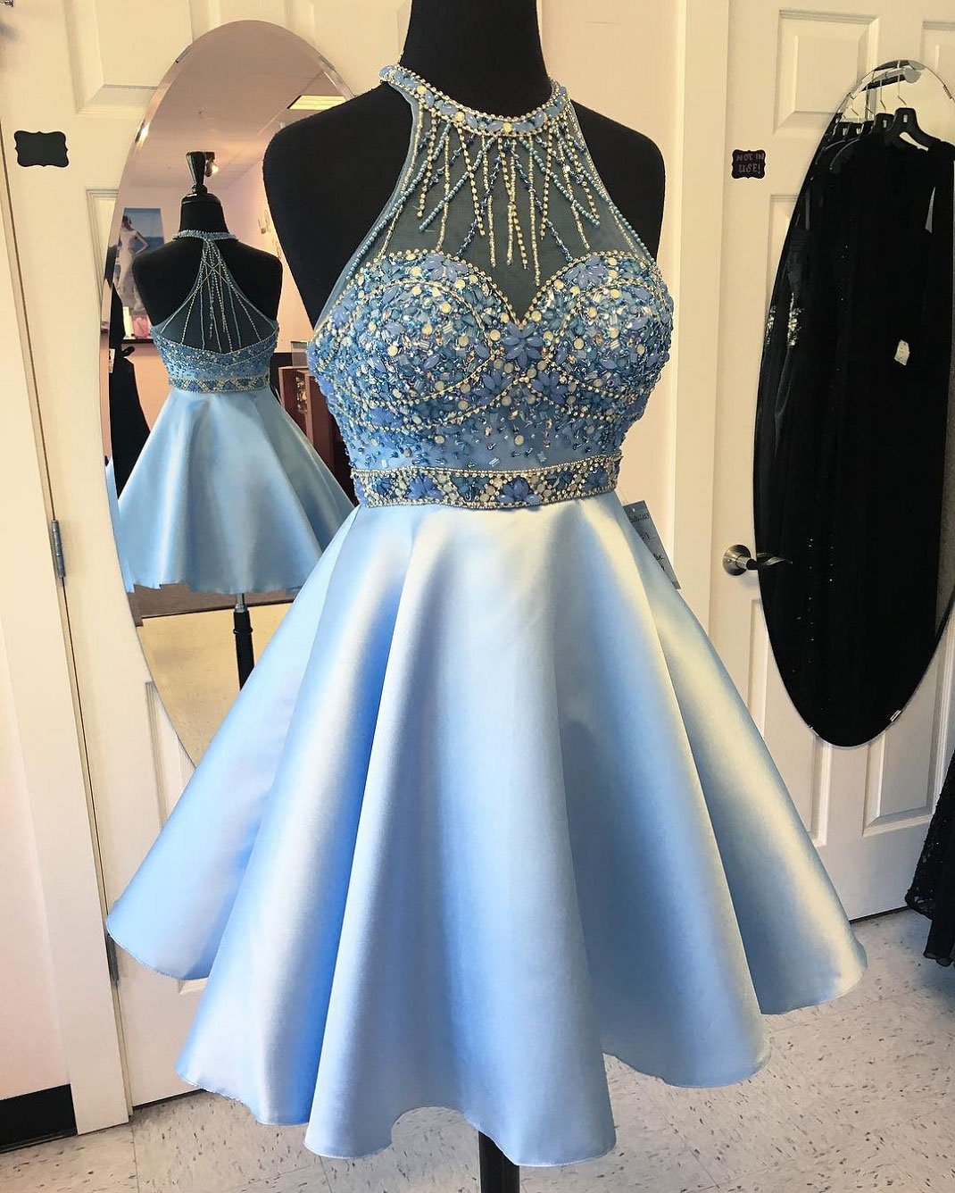 Charming Beaded Dresses,Light Blue Satin Hoco 2017 Dresses